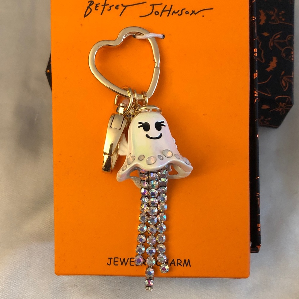Betsey Johnson White Enamel Ghost Angel Bag Charm Keychain Crystal Fringe NIB